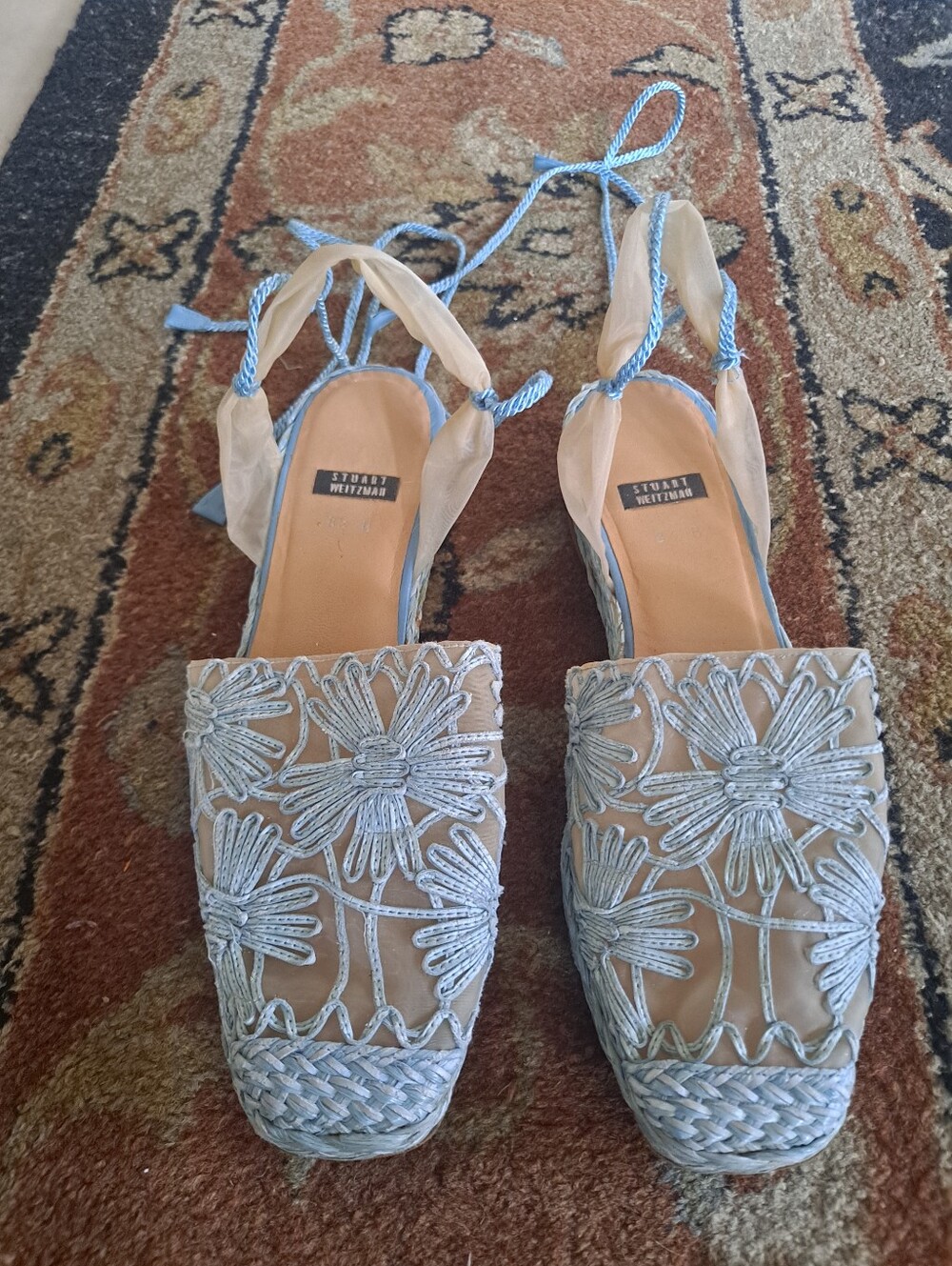 Stuart Weitzman Light Blue Floral Embroidered Espadrille Slingbacks